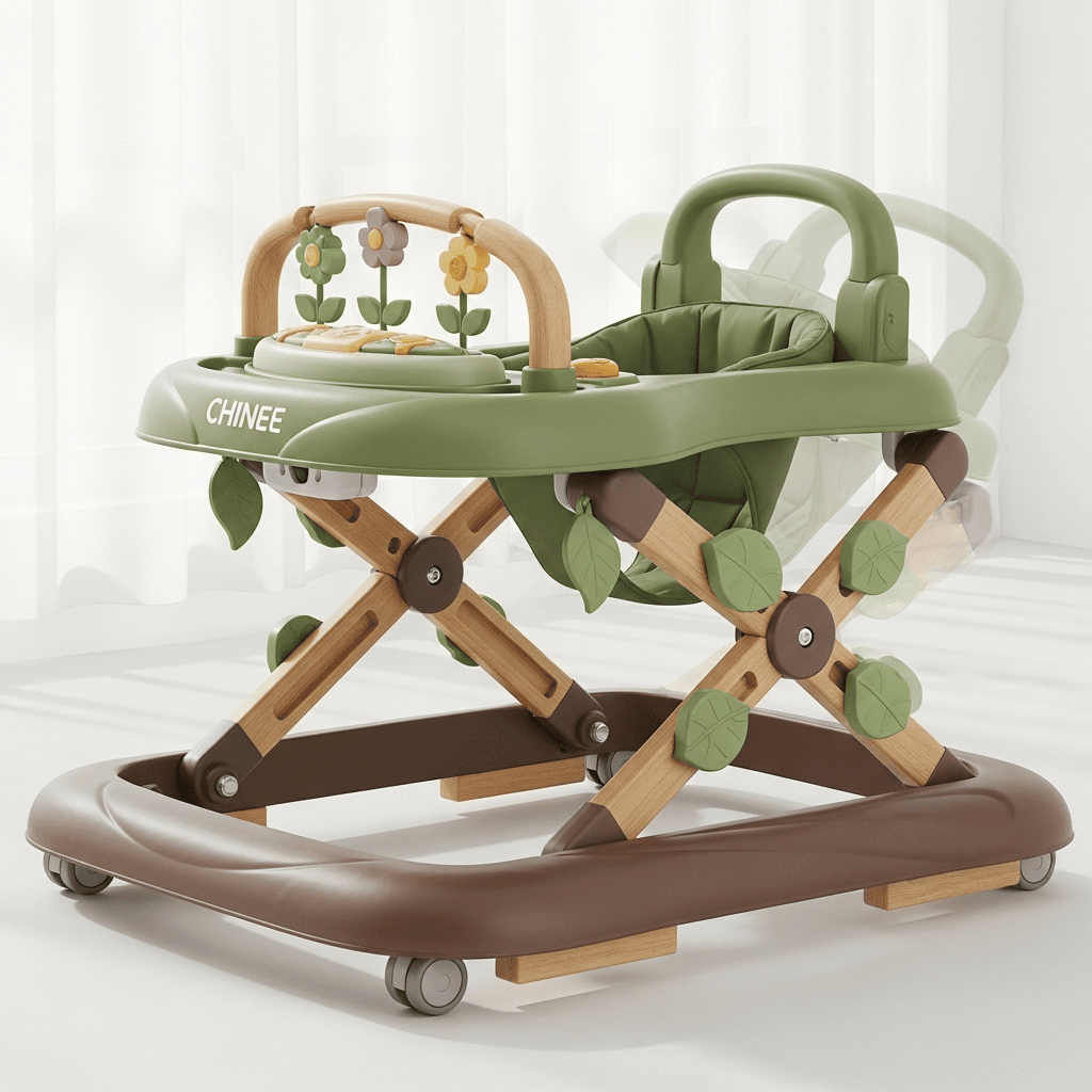 Customizable Green Wooden Baby Walker with Flower-Motif – OEM/ODM Ready for Infant Toy & Care Industries