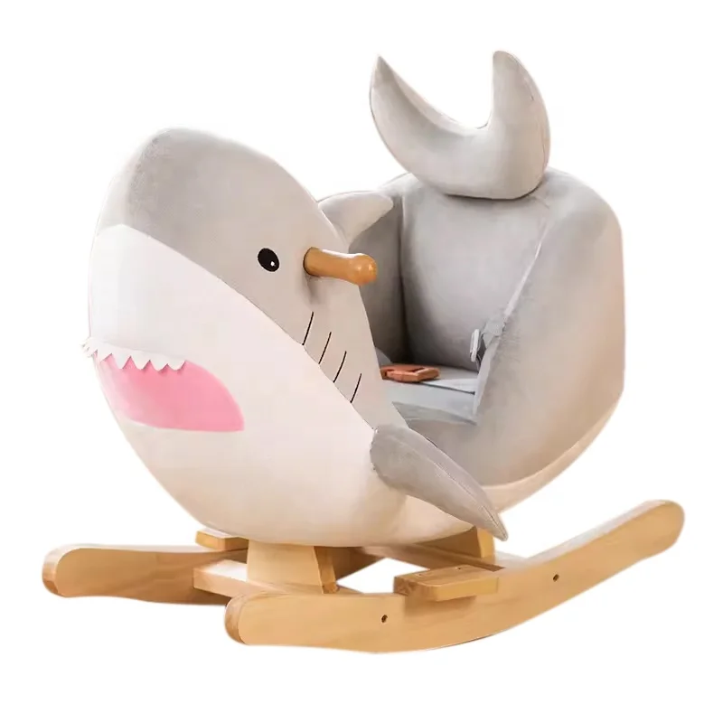 1-3 Year Old Children's Gray Shark Plush Baby Rocking Chair Toy Wooden Rocking Horse