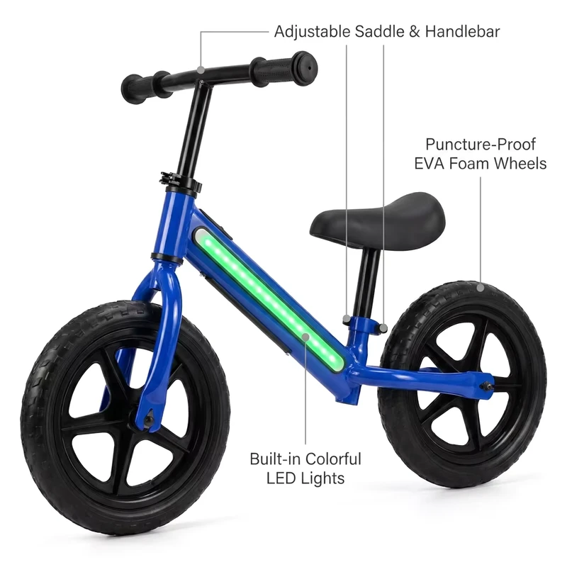 12 Inch High Carbon Steel Children Balance Bike with LED Lights EVA Foam Tire Saddle and Handlebar Height Can Adjustable