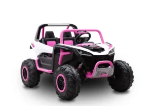 12V Kids Electric UTV Ride On Car Pink White World Rally Edition With Monster Tires LED Lights And Parental Remote Set