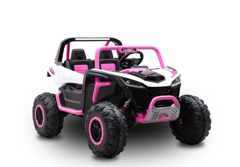 12V Kids Electric UTV Ride On Car Pink White World Rally Edition With Monster Tires LED Lights And Parental Remote Set