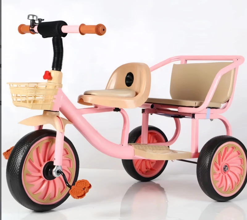 2-Seater Kids Tricycle with Storage Basket & Adjustable Handlebar Double Rider Children's Pedal Trike for Toddlers