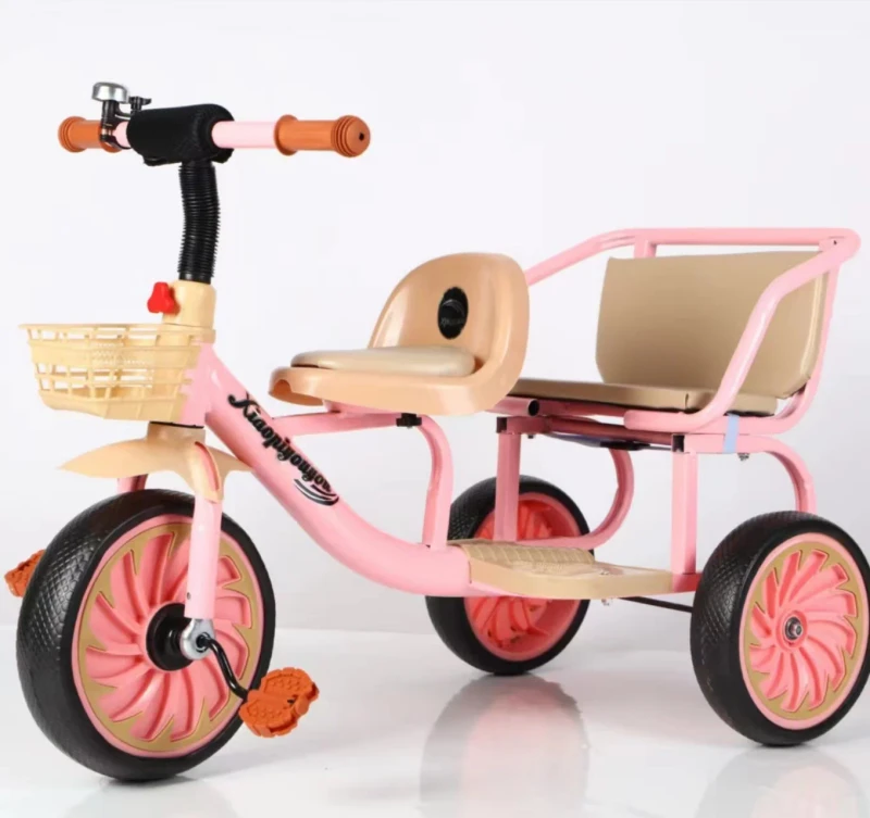 2-Seater Kids Tricycle with Storage Basket and Adjustable Handlebar Double Rider Children's Pedal Trike for Toddlers