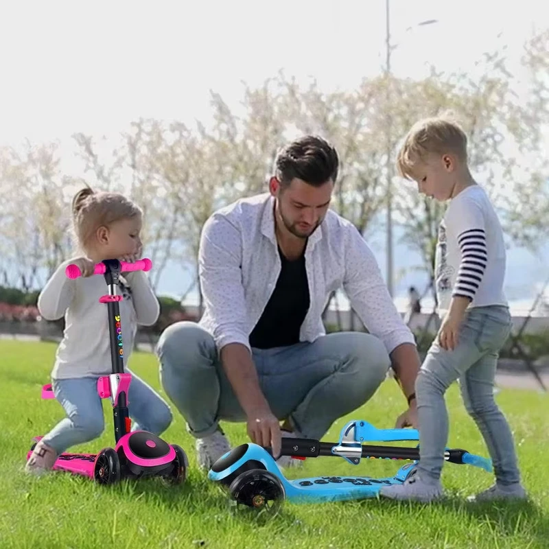 2-in-1 Adjustable Kids Scooter for Girls and Boys with 3 Extra-Wide Lighting Wheels and Stable Seat