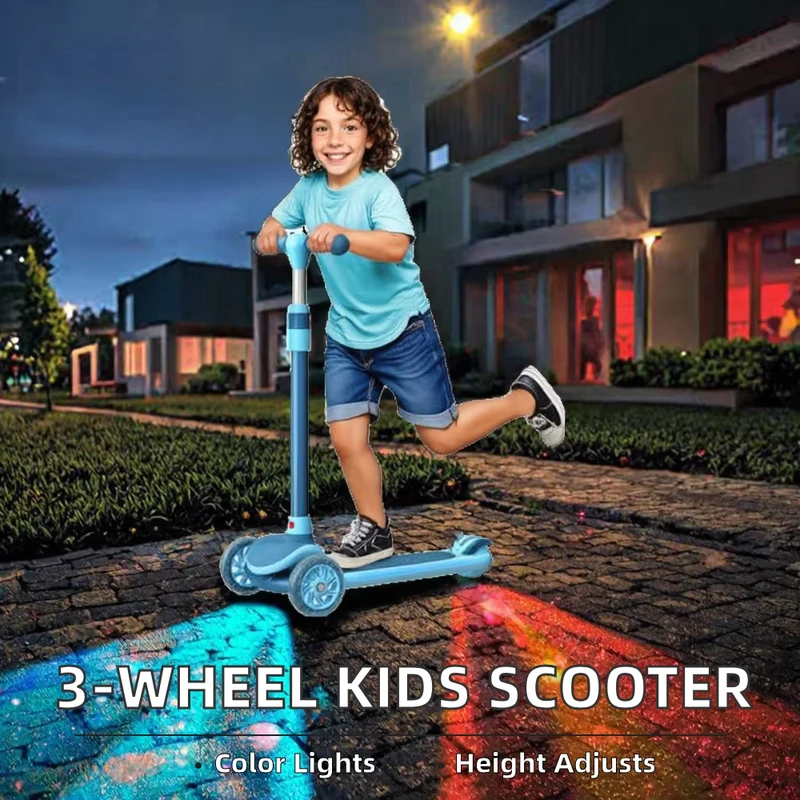 3-Wheel Aluminum Alloy Kids Scooter Multi-Color Lights Rear Brake Adjustable Handlebar Anti-Slip Deck Child Safety Certified