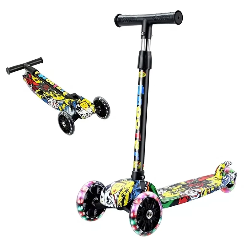 3 Wheels Adjustable Height Graffiti Modern Plastic Skateboard Foldable Kick Kids Foot Scooter for Girls Boys