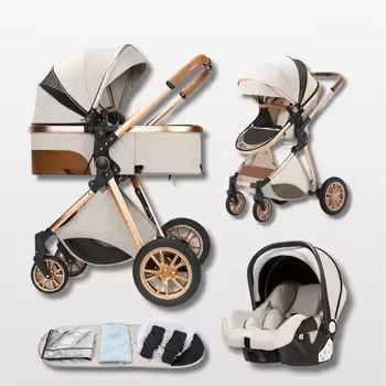 3 in 1 Baby Car Seat Reclining Lying Position Two Way Push Travel Stroller Foldable 5 point Seat Belt White