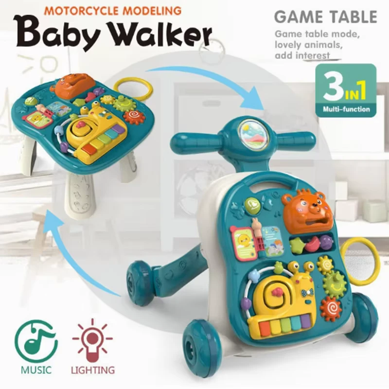3 in 1 Baby Walker with Music & Lights Multifunctional Activity Table Early Educational Learning Toy for Toddlers