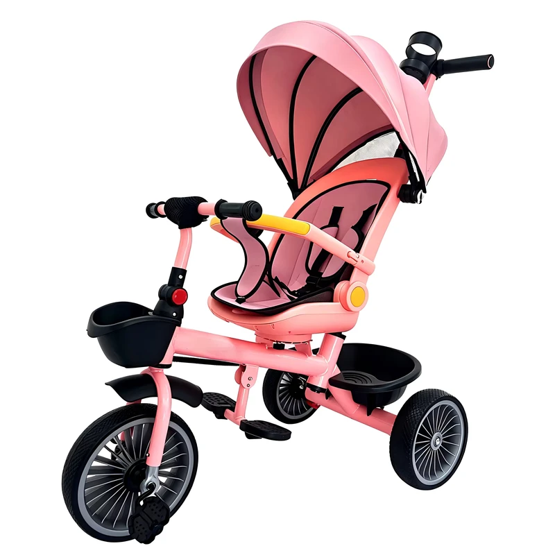 4 1 Kids Tricycle Bike Removable Push Handle Adjustable Canopy Rotatable Seat Foldable Two-way Trolley Aluminum Alloy Plastic