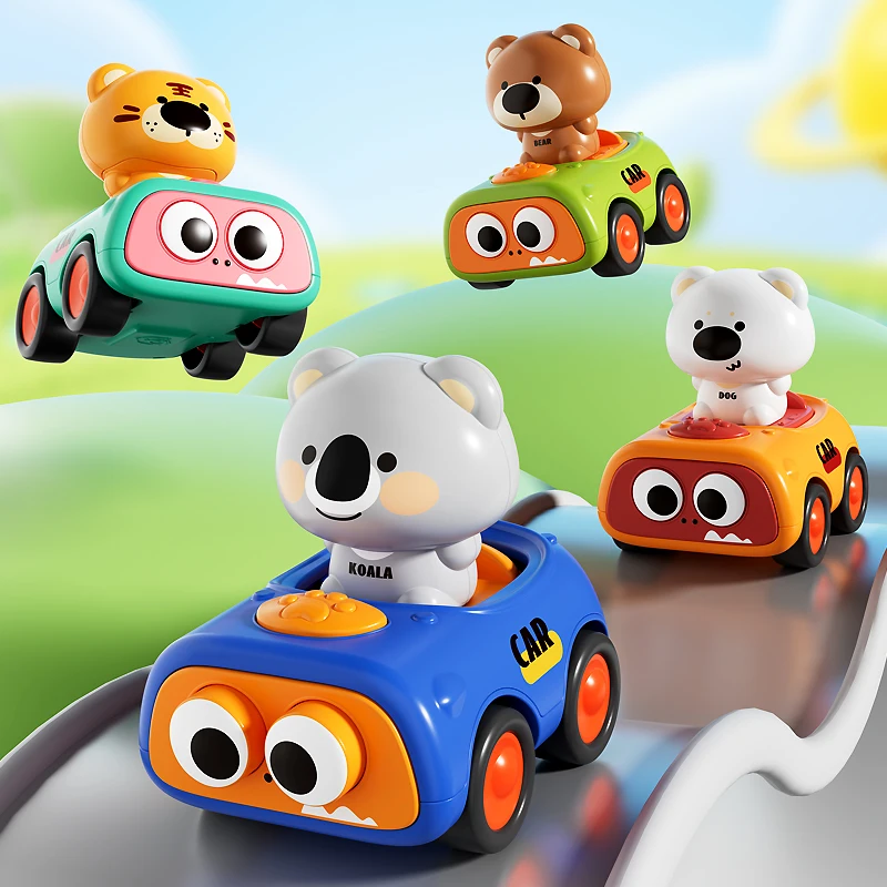 4 Pcs Press and Go Car Toys for Toddlers Baby Push Go Friction Car Baby Animal Racing Cars