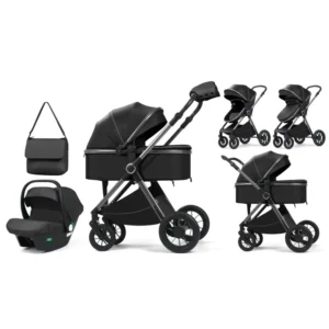 4 in 1 Baby Stroller Power Push Travel System Fabric Big Landscape Wheels Dual Seats Folded Metal Frame