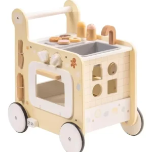 4-in-1 Stroller with Play Kitchen for Kids Learning Walking Toy Wooden Baby Push Walker Activity Toy