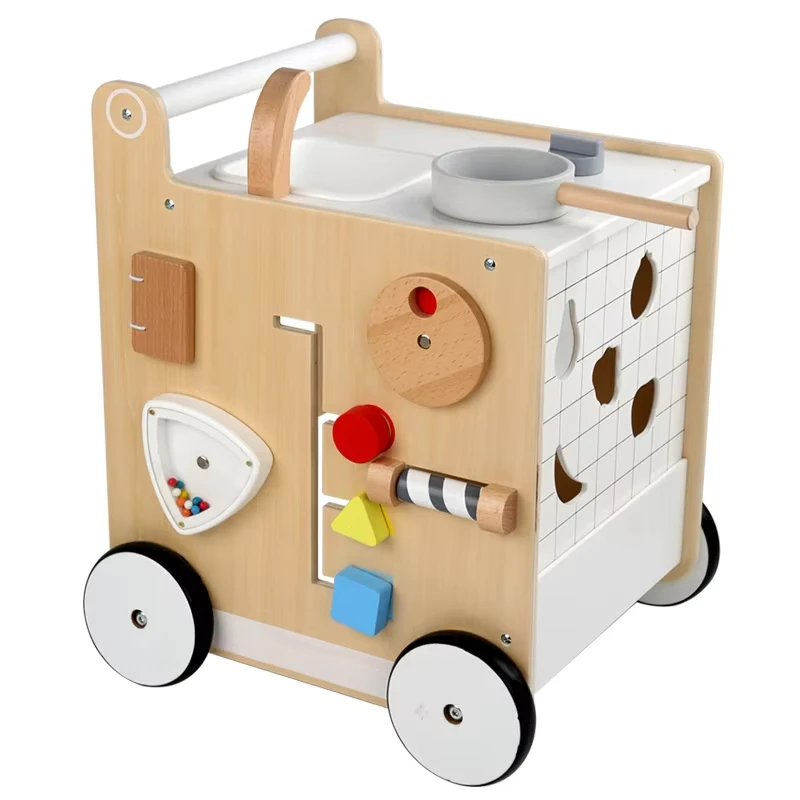 4-in-1 Wooden Baby Stroller with Play Kitchen for Kids Baby Walker with Play Kitchen for Children