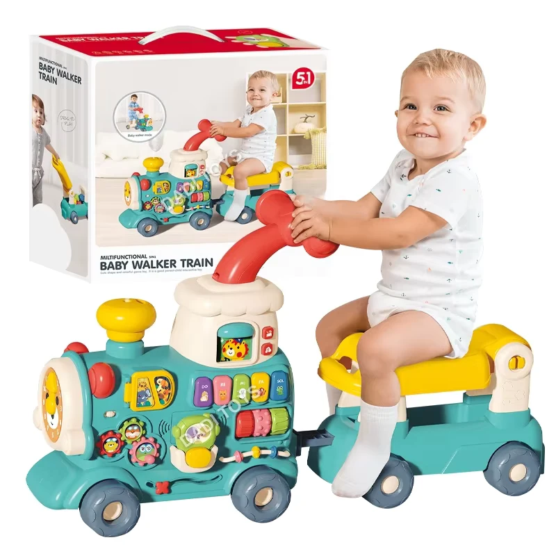 5 In 1 Sit To Stand Early Education Learning Trolley Baby Learning Walker Musical Game Railway Engine Baby Train Steam Stroller