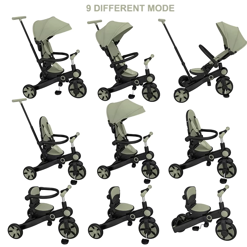 9 in 1 Foldable Kids Baby Tricycle 360 Rotating Seat Multi-functional Toddler Push Bike Infant Trike for 10-60 Months Children