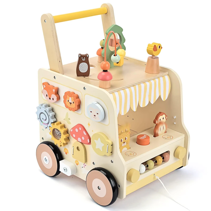 Adjustable Foldable Animal Baby Walker Wooden Baby Cube Push Walker Montessori With Activity Center Push Long