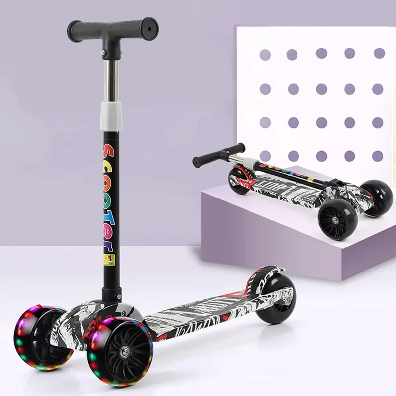 Adjustable Height Children's Three Wheeled Folding Pedal Scooter LED Illuminated Balance Bicycle Sports Toy Kids' Scooter
