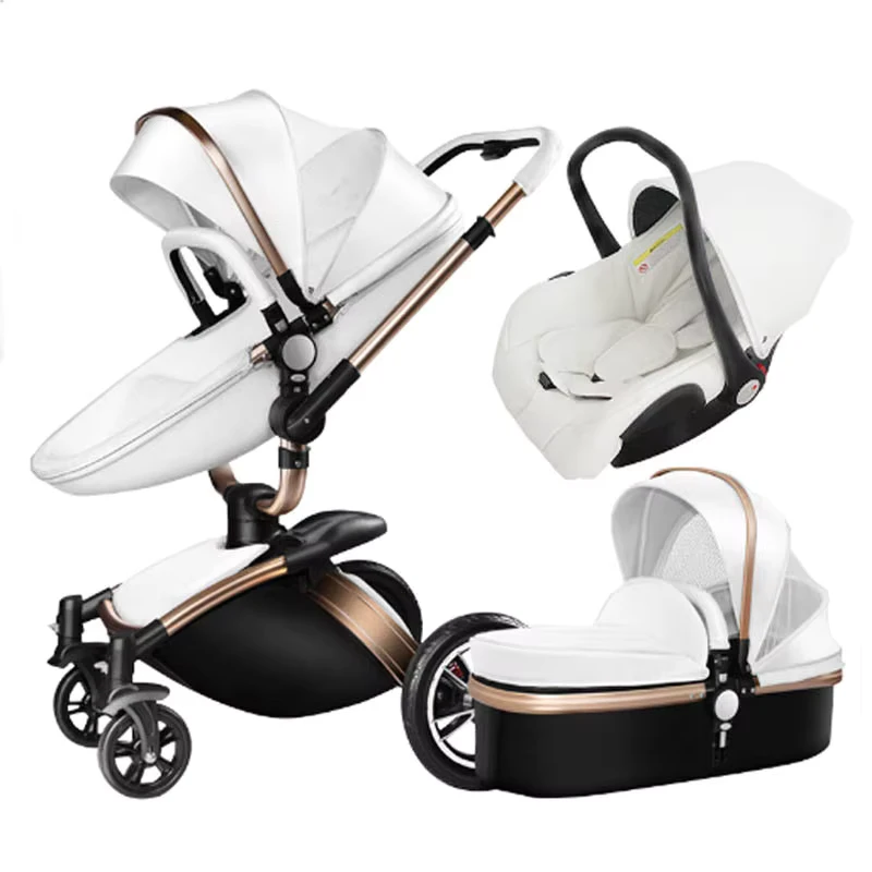 Aluminum Hight Quality Real Leather Baby Pram Luxury Travel System Baby Stroller 3 in 1