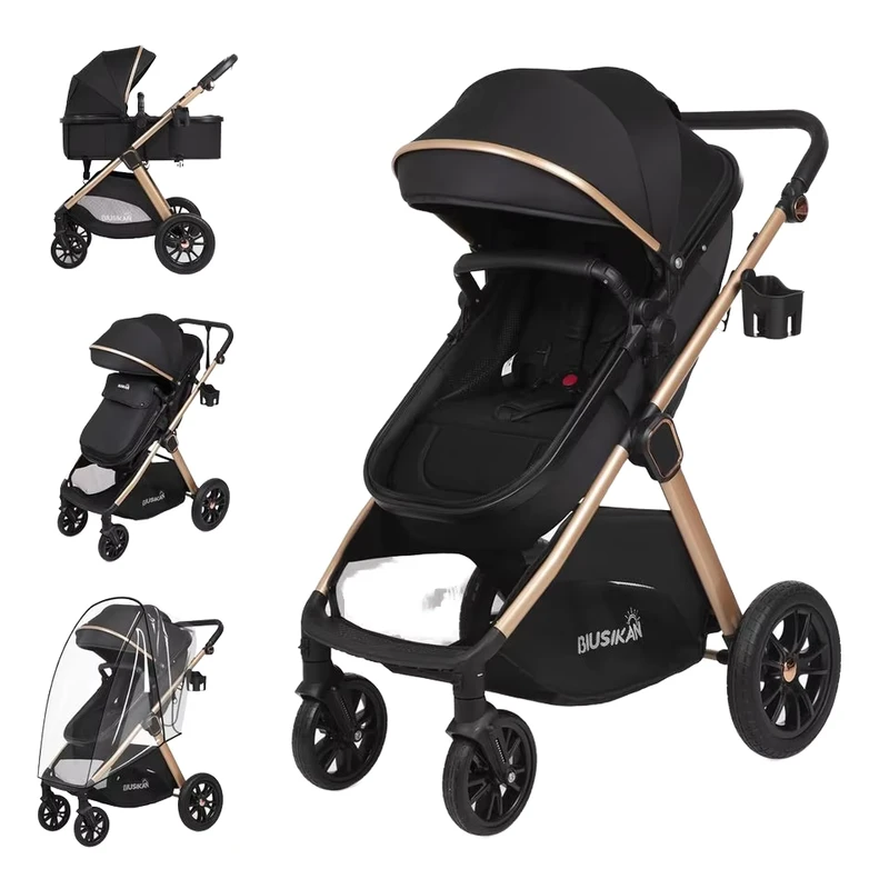 BBST-13 6-in-1 Convertible Black Baby Stroller Stainless Steel Frame 20KG Load Capacity Foldable Large Storage All-Scene