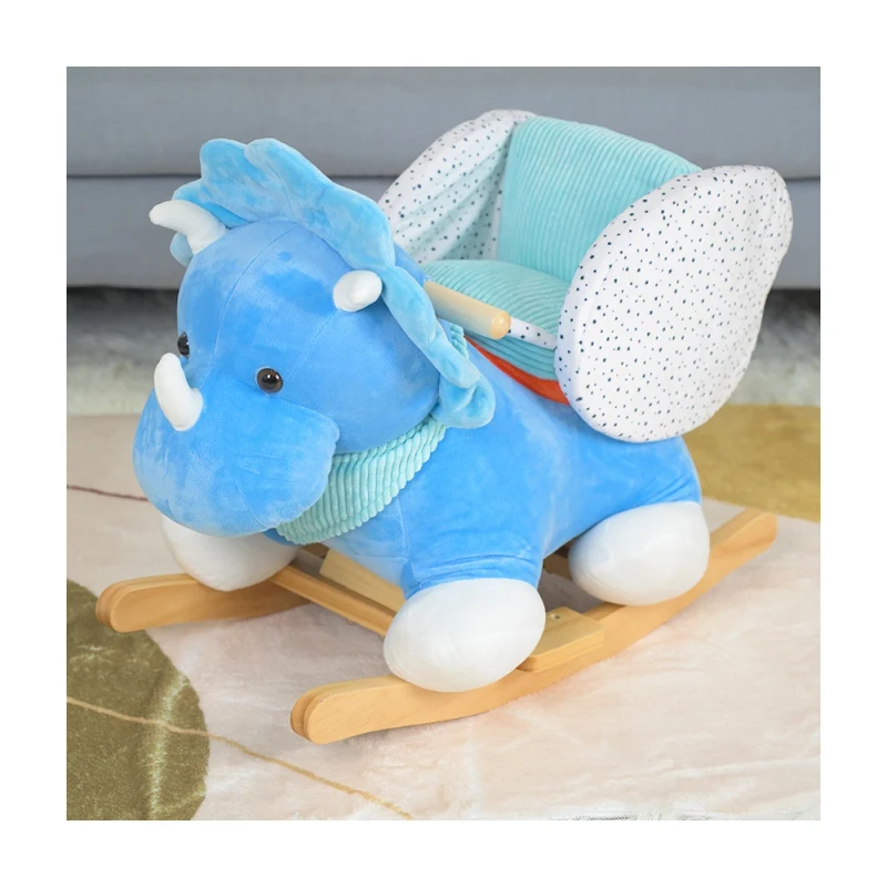 Baby Kids Toy Blue a Triceratops Plush Rocking Chair Rider Toddler Seat Wood Animal Rocker