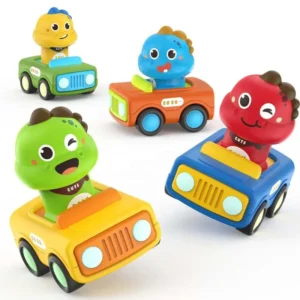 Baby Press and Go Dinosaur Car Toy 4 in 1 Animal Race Cars Push Go Friction Dino Vehicle Play Set for Toddlers