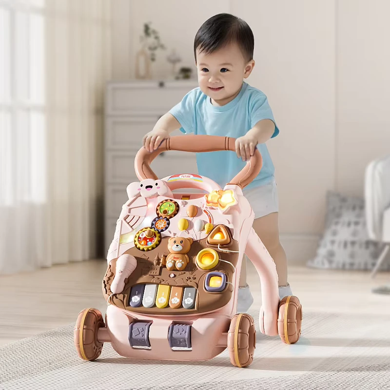 Baby Push Walker with Early Education Piano Toy and Light Effects Anti Slip Wheels for Infant Walking Training
