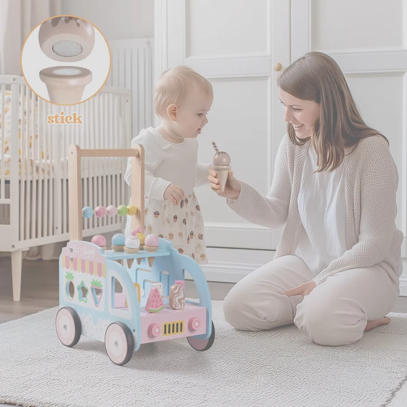 Baby Puzzle Hand Push Wooden Ice Cream Walkers Multifunctional Montessori Musical Educational Toy for Infants Young Children