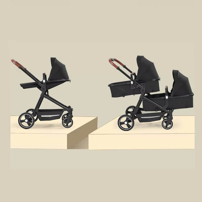 Baby Strollers Linen Net Fabrics Twin Stroller with One-key Folding Aluminum Alloy Frame for 0-3 Years Old Baby