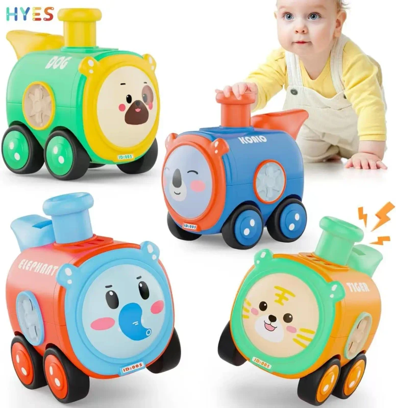 Baby Train Car Toys for Toddler 1 to 3 4PCS Press to Go Push Car Infant Play Whistle Vehicle Toy Set for 12 to 18 Months