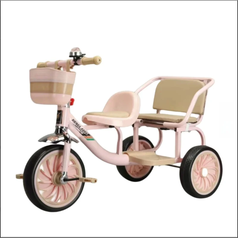 Baby Tricycle with Rear Seat for Twins Brothers Sisters Play Together Height adjustable Handlebars Compass style Bell Plastic