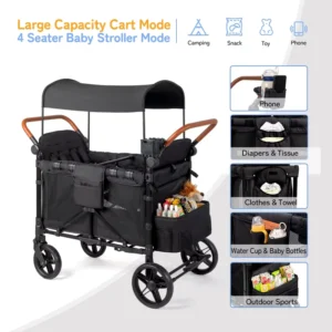 Baby Wagon Stroller 4 Seater Heavy-Duty Foldable Beach Wagon 600D Oxford Fabric All-Terrain 4-Child Camping Stroller
