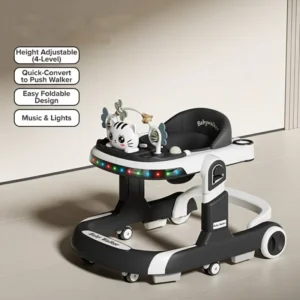 Baby Walker with Seat and Tray 360 Swivel Wheels Adjustable Height Music Light Folding Baby Walker