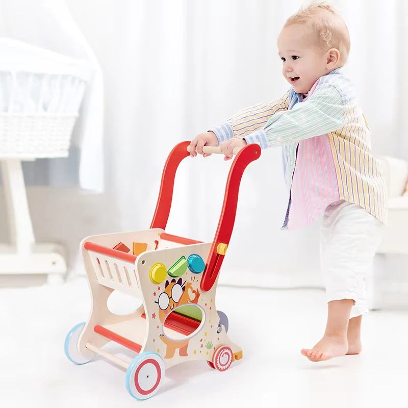 Best selling Wooden Baby Walker Geometric Building Blocks Mini Supermarket Shopping Cart Toys for Kids Toddler Boys & Girls