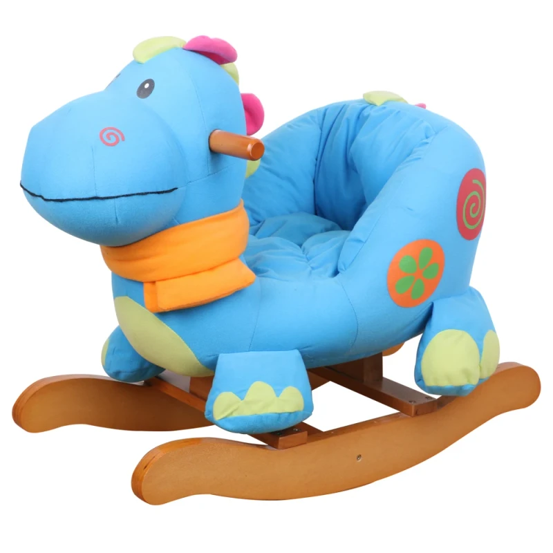 Blue Dragon Doll Unisex Wooden Rocking Chair With Plush Animal Ride On Toy for Baby's Dragon Rocking Horse