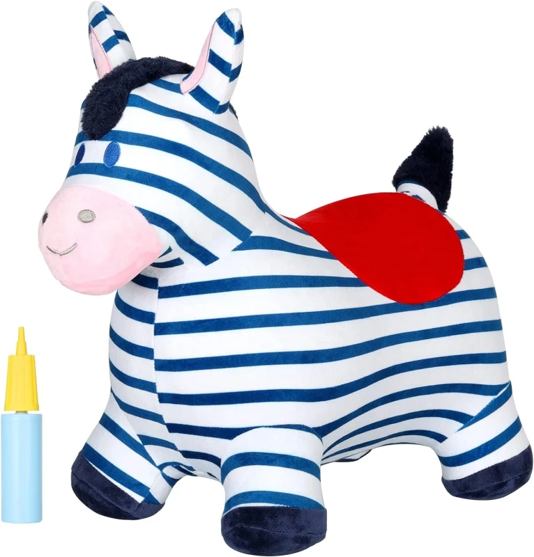 Bouncy Horse Blue Plush Zebra for Toddlers Inflatable Bouncing Horse Hopper Toy Ride on Bounce Animal