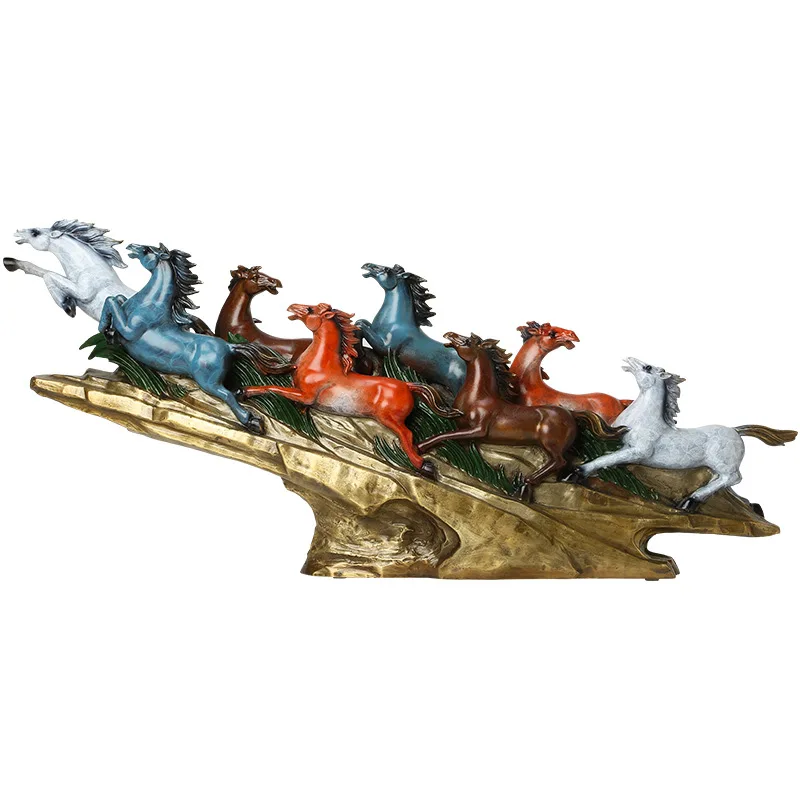 Brass Colorful Feng Shui 8 Running Horses Statue