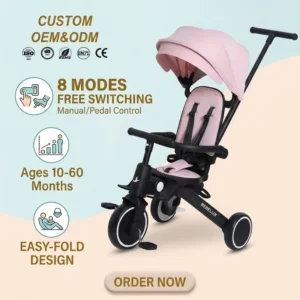 CE EN71 High Quality Kids Tricycle One Button Easy Fold Design Baby Trike with 360 Rotation Seat and Lying Backrest Kids Car