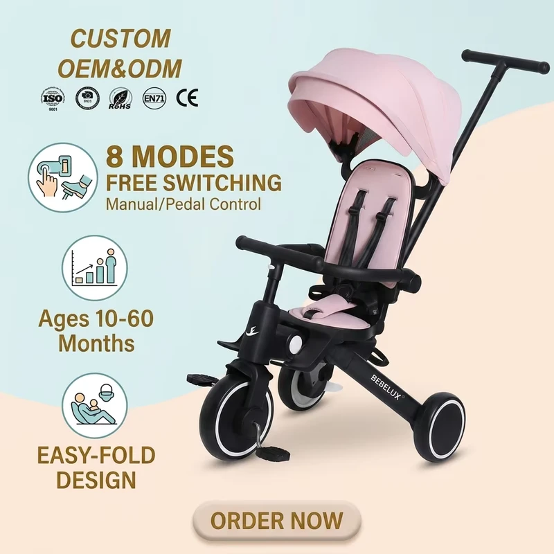 CE EN71 High Quality Kids Tricycle One Button Easy Fold Design Baby Trike with 360 Rotation Seat and Lying Backrest Kids Car
