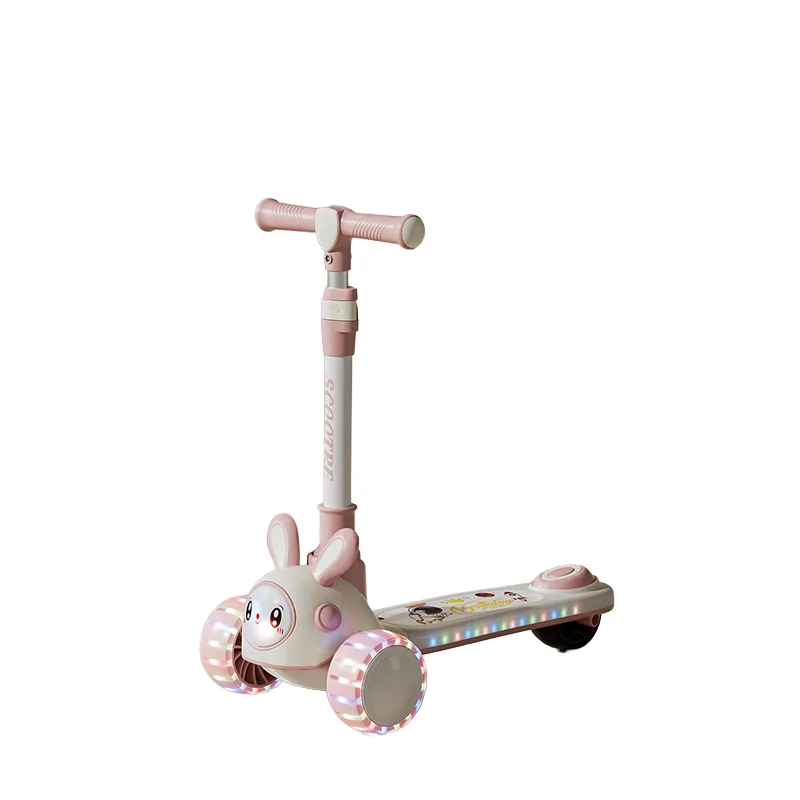 Cartoon Bunny Designed Modern Style Kick Push Scooter Foldable Plastic Three Wheels Toy for Kids Outdoor Use