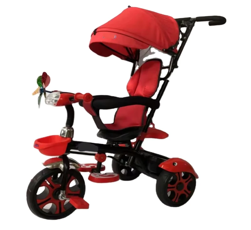Child Ride-On Tricycle Stroller Kids Three-Wheel Push Handle Stroller with Sunshade for Ages 2-4 Years Made of Durable Plastic
