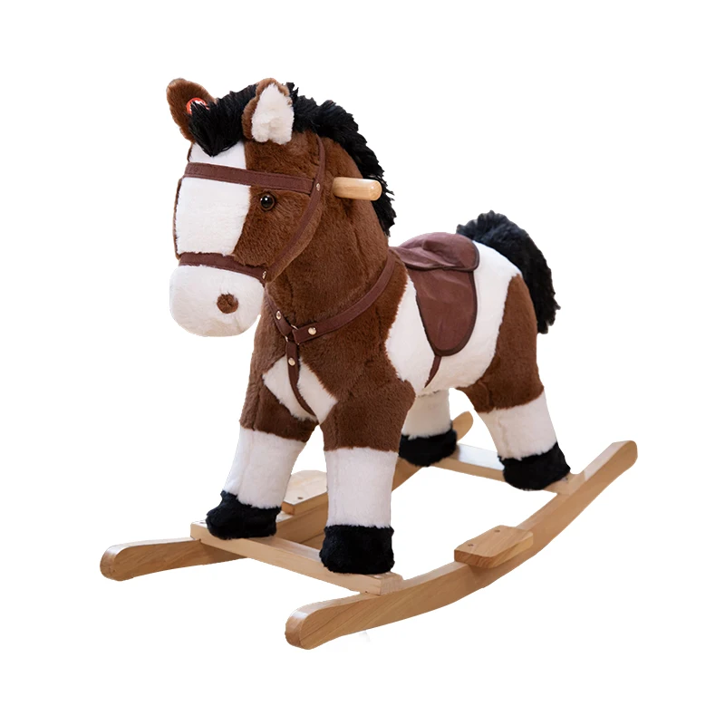 Children Gift Wooden Animal Brown Plush Toys Kids Rocking Horse