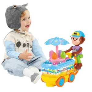 Children Plastic Toys Battery Operated Monkey Push Ice Cream Car With Light, Bump n Go Function