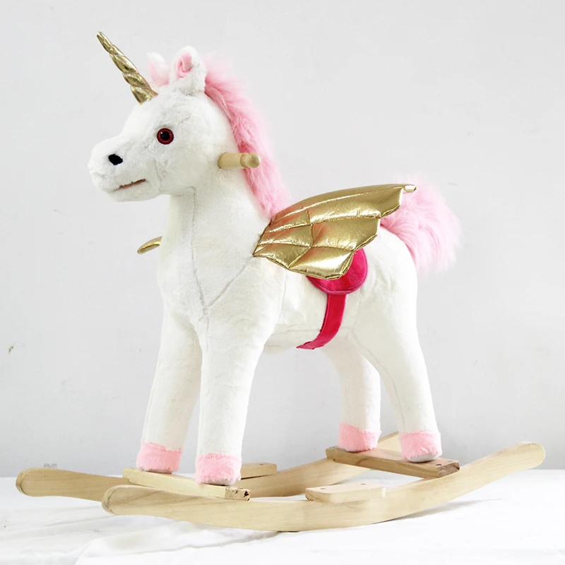 Children Ride on Toy Unicorn Rocking Horse Plush Rocking Unicorn Toy with Golden Wings