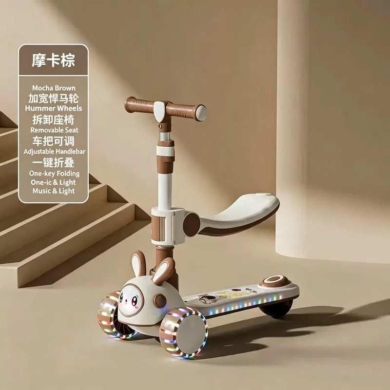 Children Scooter Bunny Lights Foldable Three PU Wheels Plastic Modern Design Outdoor 2-9y Unisex Cartoon Toy Car Seat Rear Foot