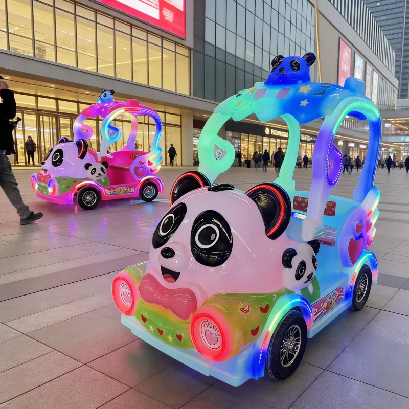 Children's Amusement Park Kiddie Ride Battery Operated Bumper Car Outdoor Plaza Panda Light-up Electric Toy Car with Canopy