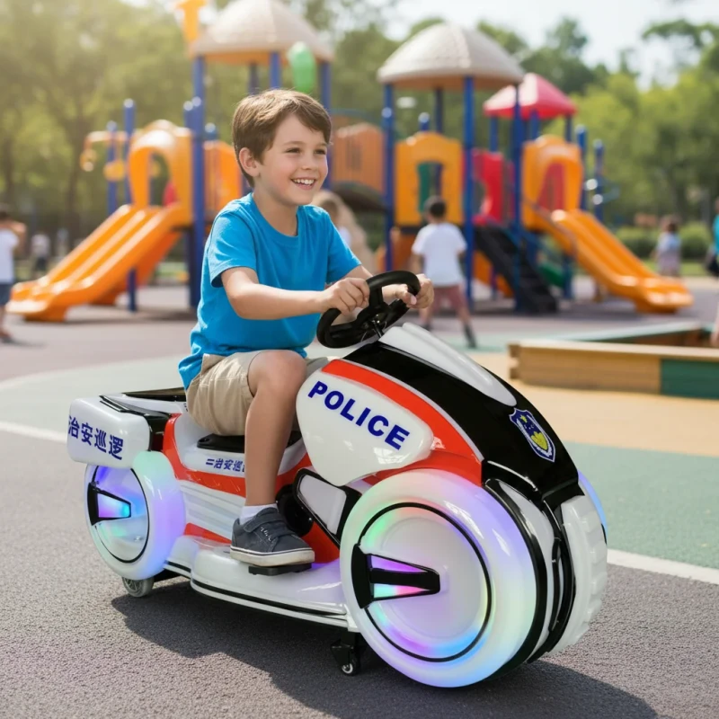 Children's Bumper Car Ride On Battery Operated Police Motorcycle Style Indoor Outdoor Metal Construction LED Lights 6-10km/h