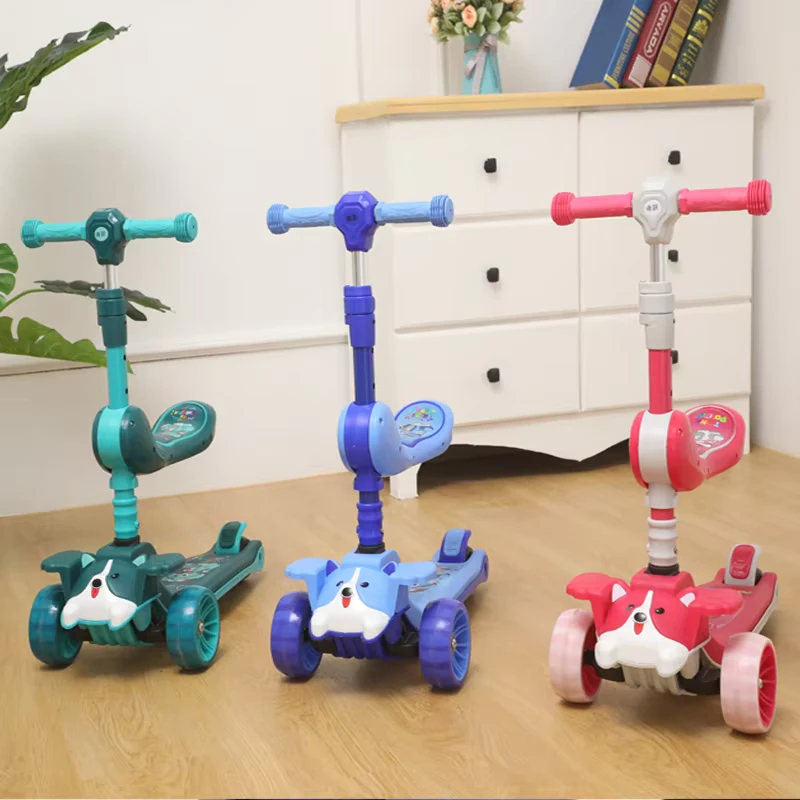 Children's Cartoon Style Alloy Steel PU Three-Wheel Foldable Scooter Seat LED Light Height Adjustable EN71 Certified for Kids