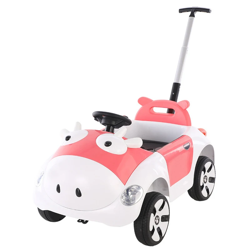 Children's Electric Car Baby Four Wheel Push Handle Remote Control Toy Car Dual Drive Baby Stroller with Music Lighting