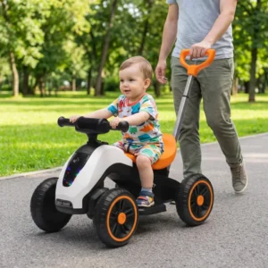 Children’s Electric Car Baby Four wheel Push Handle Remote Control Toy Car Dual Drive Baby Stroller with Music Lighting
