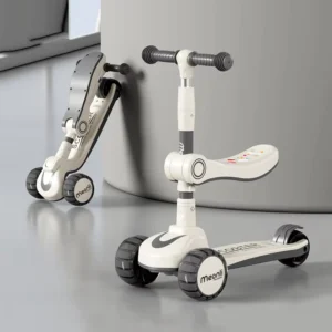 Children’s Foldable Scooter with Music Player and Seat Three Wheel Plastic Tricycle for Outdoor Sports Ages 3-7 Years